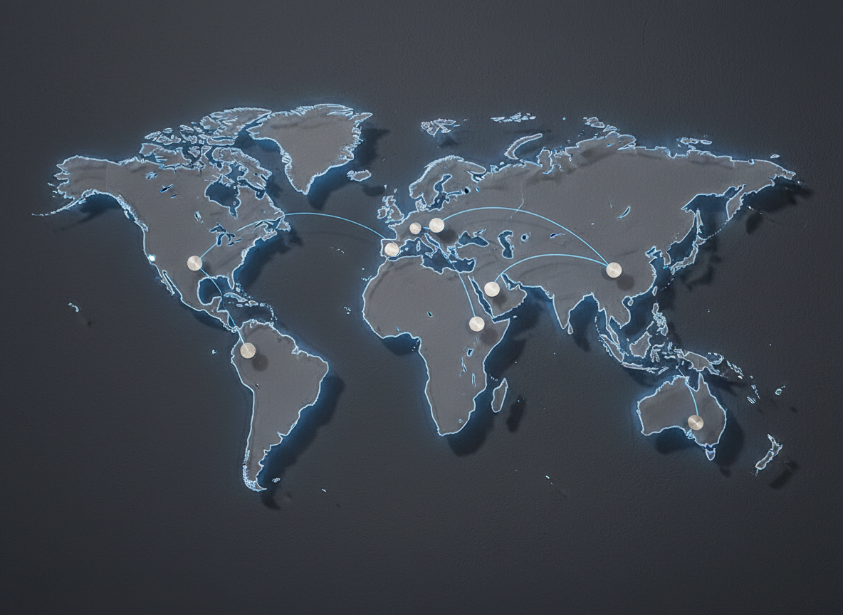 A high-resolution close-up of a transparent acrylic world map wall installation, each continent precisely cut and mounted slightly away from a charcoal gray wall to create subtle depth. Fine illuminated lines connect major financial hubs, with tiny metallic discs representing nodes where payments are received. Side lighting from the right casts clean, elongated shadows of the continents and causes the connecting lines to glow softly, creating a sense of movement and connectivity. Captured straight-on with sharp focus throughout, the photographic, modern aesthetic and cool-toned palette evoke a trustworthy, technologically advanced global payments network.