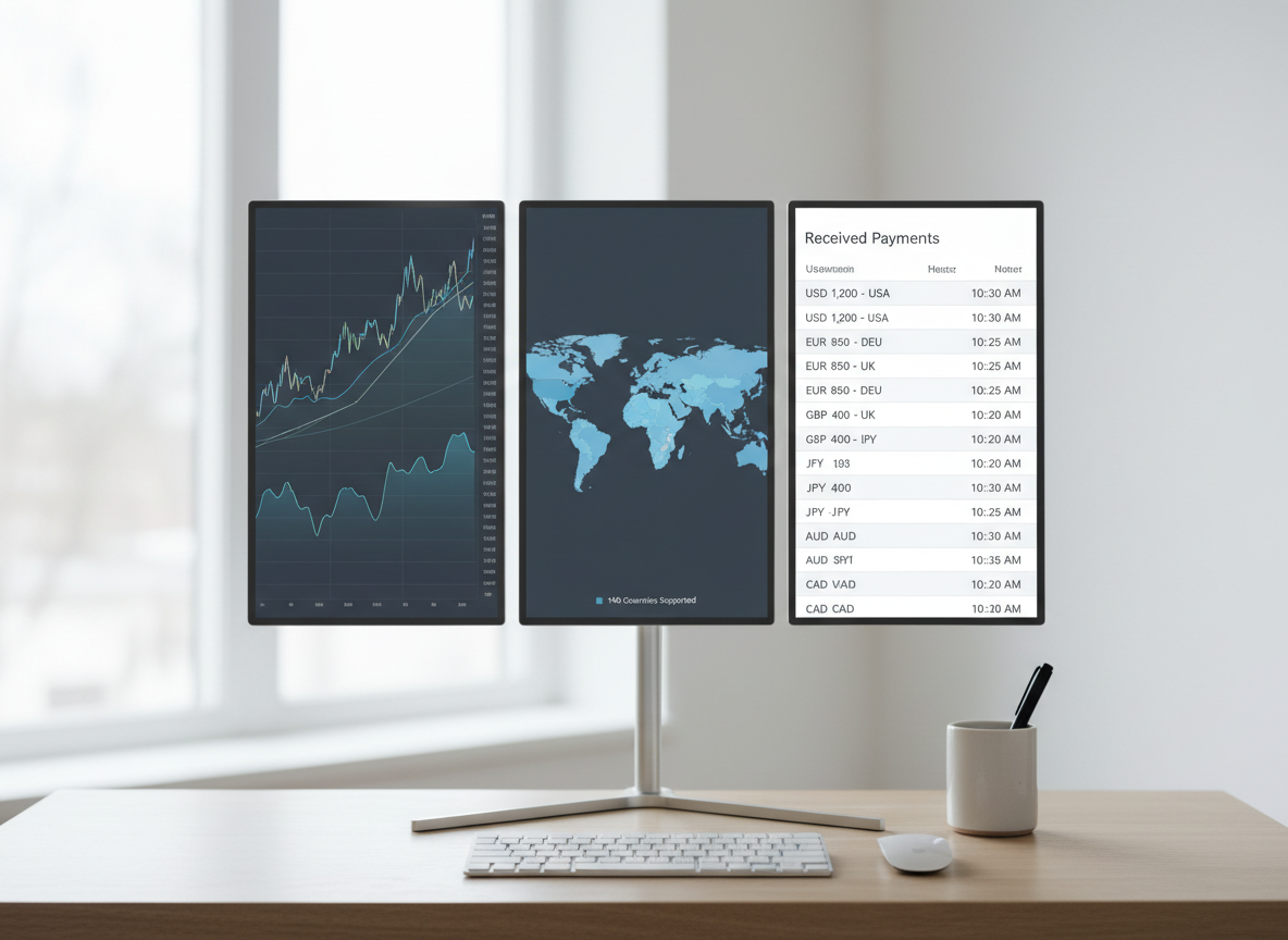 A minimalist, professional desktop scene featuring three vertically aligned monitors on a slim silver stand, each screen displaying different aspects of global payouts: a real-time currency conversion chart, a map of 140+ supported countries highlighted in soft blues, and a clean list of recent received payments. The desk surface is a light ash wood with a matte finish, holding only a compact wireless keyboard and a simple ceramic pen holder. Balanced, diffused daylight from a large window creates a bright yet gentle ambiance with barely-there shadows. Photographic realism, an eye-level composition, and a cool, balanced color scheme emphasize clarity, control, and transparency in managing international payments.