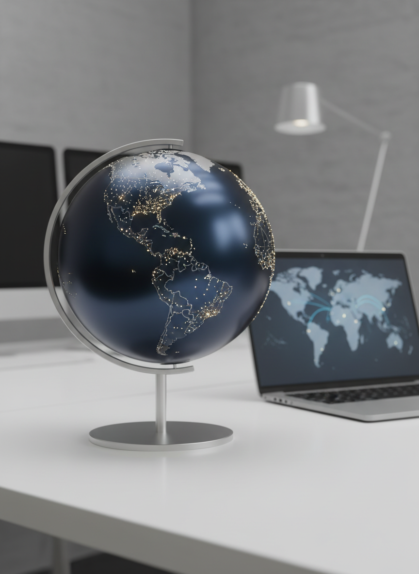 A sleek, dark navy metal globe with finely detailed silver country borders and illuminated pinpoints marking over 140 locations, resting on a minimalist brushed aluminum stand. The globe sits centered on a spotless white desk beside a slim laptop displaying a subtle world map interface. Soft, diffused daylight from an unseen window to the left creates gentle reflections on the globe’s glossy surface and faint shadows on the desk. Shot at eye level with a shallow depth of field, the background fades into a clean, modern office environment with out-of-focus monitors. The photographic realism and cool, professional color palette convey global connectivity and reliable cross-border payments in a calm, confident atmosphere.